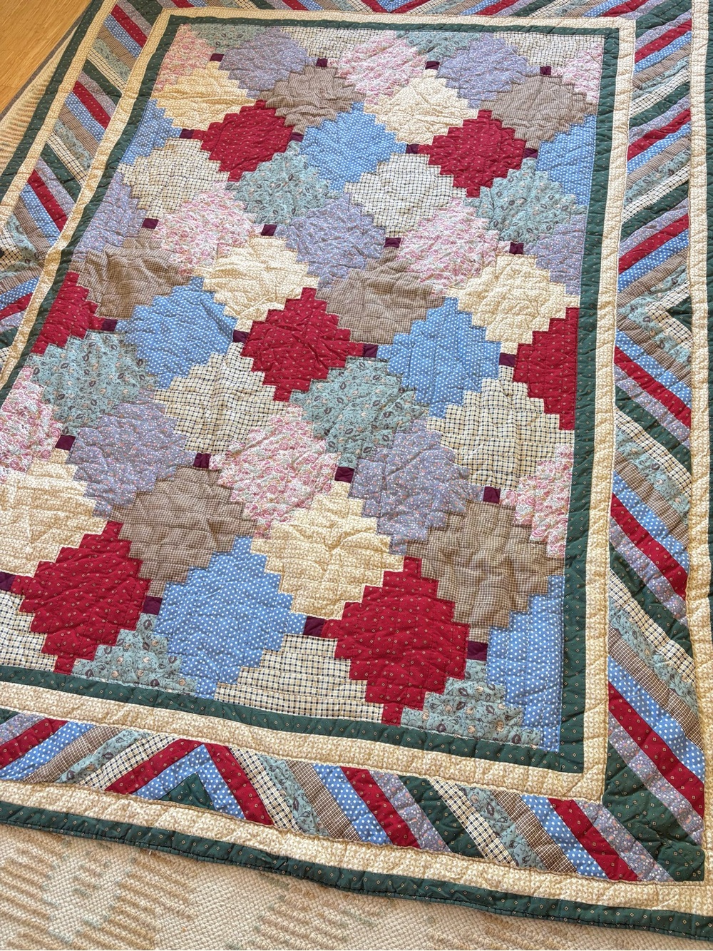 Vintage Patchwork Quilt Multicolored Cottagecore Log Cabin Style Blanket 66”x84”